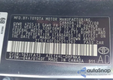 2009 Toyota Matrix S from USA, damaged, VIN 2T1LE40E09C011262